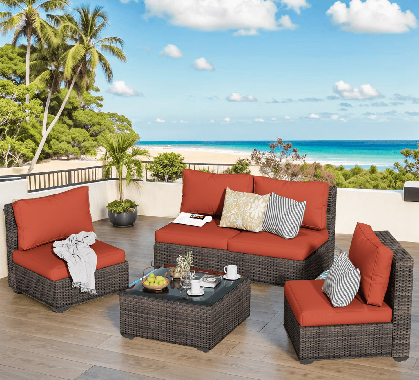 Gaildon 5 Piece Patio Furniture Set with Fire Pit Table, All Weather Outdoor Sectional PE Rattan, Patio Conversation Sets with Cushions for Garden Lawn Balcony Porch Deck, Grey