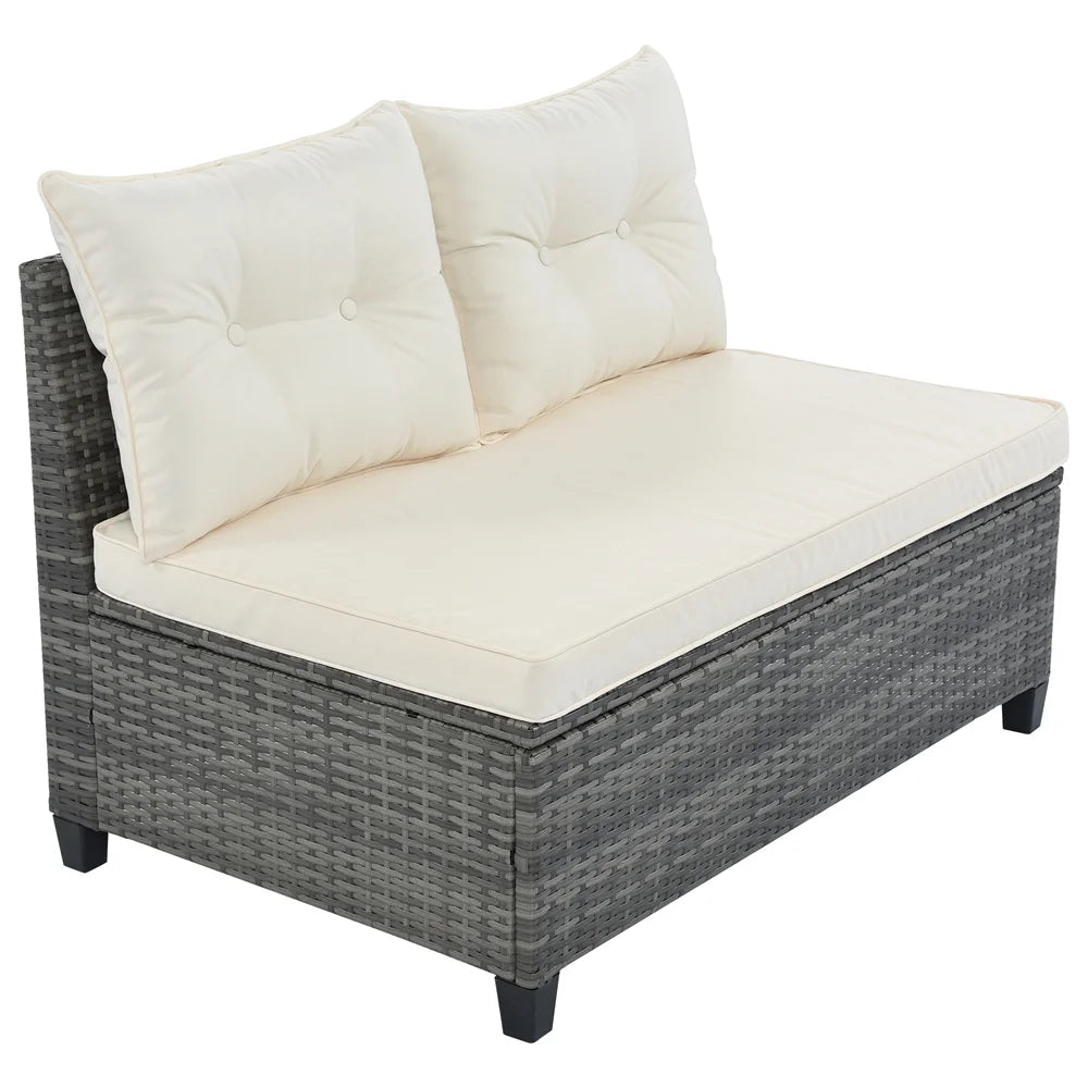 8 Pieces Outdoor Wicker Round Furniture Set, All Weather Half-Moon Sectional Patio Sofa Sets with Rectangular Coffee Table, Beige