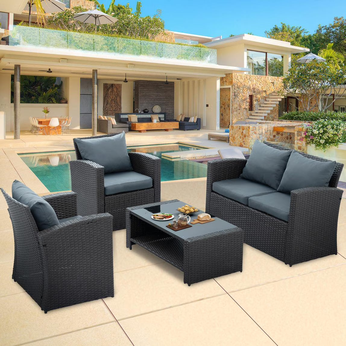 HighSound 4 Piece Patio Furniture Set, Outdoor Wicker Patio Sectional Sofa, All Weather PE Rattan Outdoor Sectional with Cushions & Coffee Table, Dark Gray