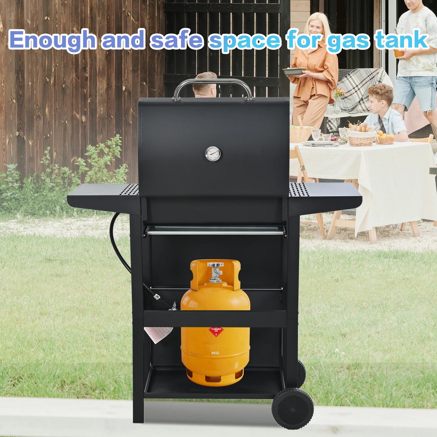Qiushi 3-Burner Propane Gas Grill, 26,000 BTU Stainless Steel BBQ Grill with 2 Shelves & Thermometer, Outdoor Patio Grill with Electronic Ignition, Wheels & Bottle Opener – Durable & Even Heating