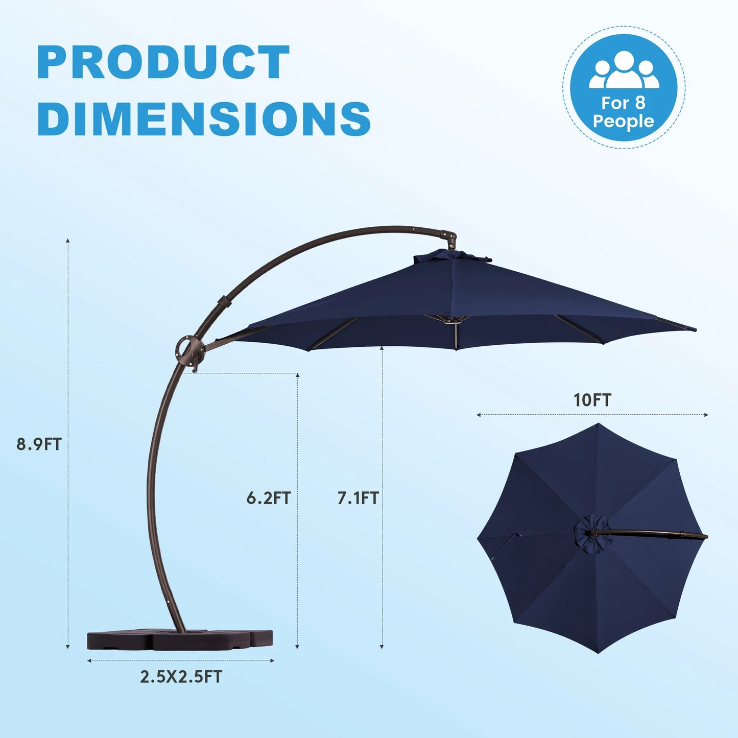 JUSTLET 10FT Arched-Pole Cantilever Hanging Patio Umbrella with baseNavy Blue