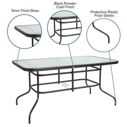 Emma + Oliver 7 Piece Patio Table & Chairs Set with 31.5"x55" Rectangular Metal Table with Tempered Glass Top and 6 Black Aluminum Stacking Chairs