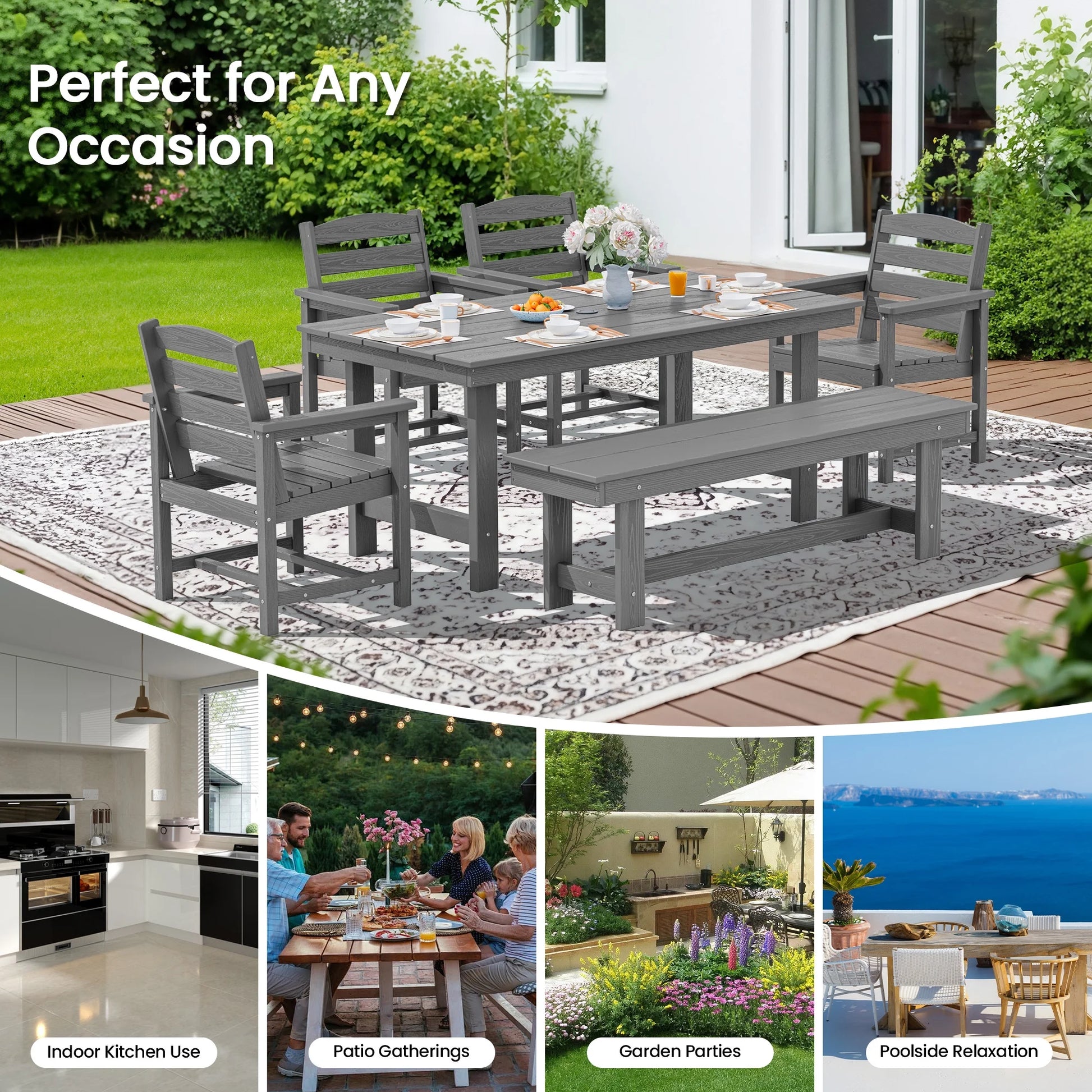 KINGYES 7-Piece Outdoor Dining Set, HDPE Patio Table and Chairs with Umbrella Hole, Gray