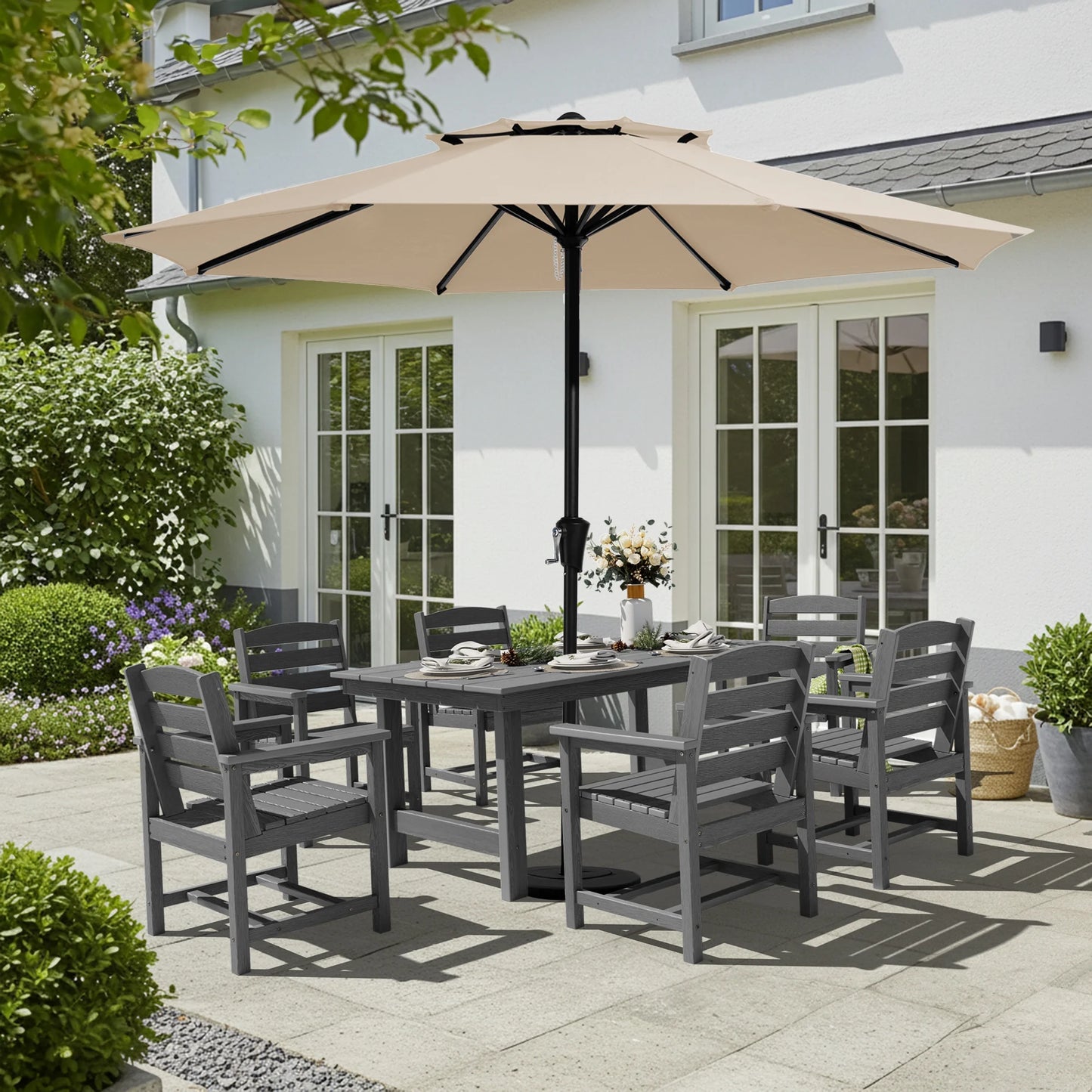 KINGYES 7-Piece Outdoor Dining Set, HDPE Patio Table and Chairs with Umbrella Hole, Gray