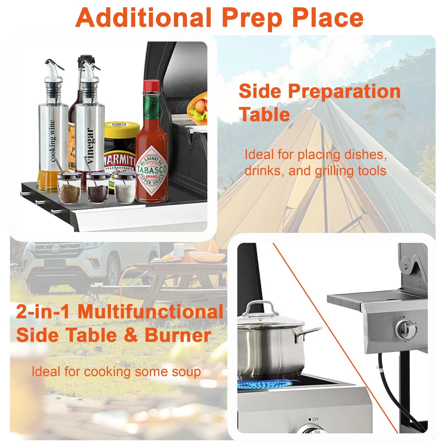Seizeen 40,500 BTU Propane Gas Grill with Side Burner, Stainless Steel 3 Burner Barbecue Grill Portable on Wheels, with Bottle Opener, for Camping Patio Outdoor Cooking