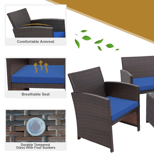 Gymax 4PCS Patio Conversation Set Outdoor Rattan Furniture Set w/Navy Cushions