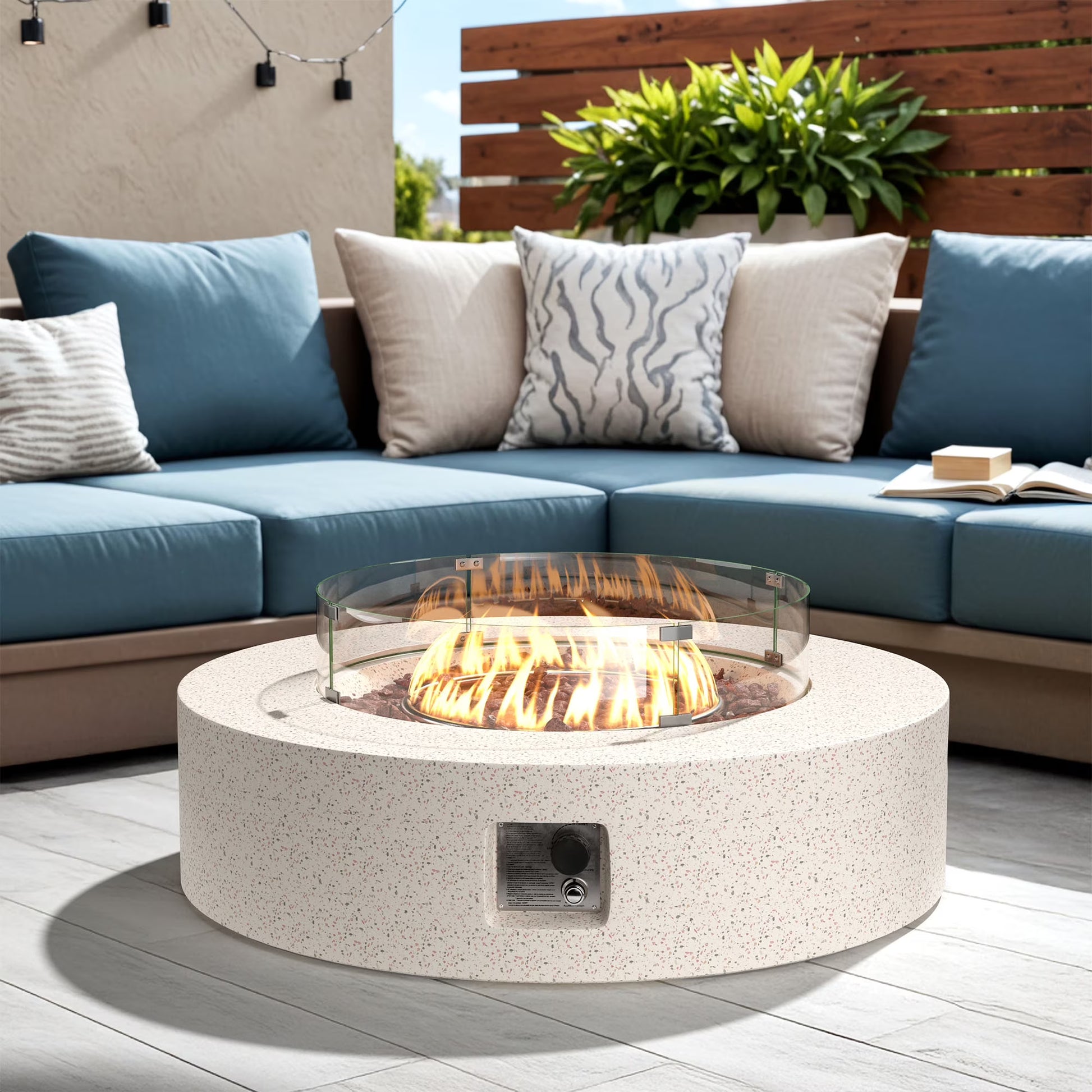 VENTOPYR 40.5-inch Outdoor Propane Fire Pit Coffee Table w Concrete Round Base Patio Heater, 50,000 BTU Stainless Steel Burner, Free Lava Rocks, Wind Guard, Rain Cover