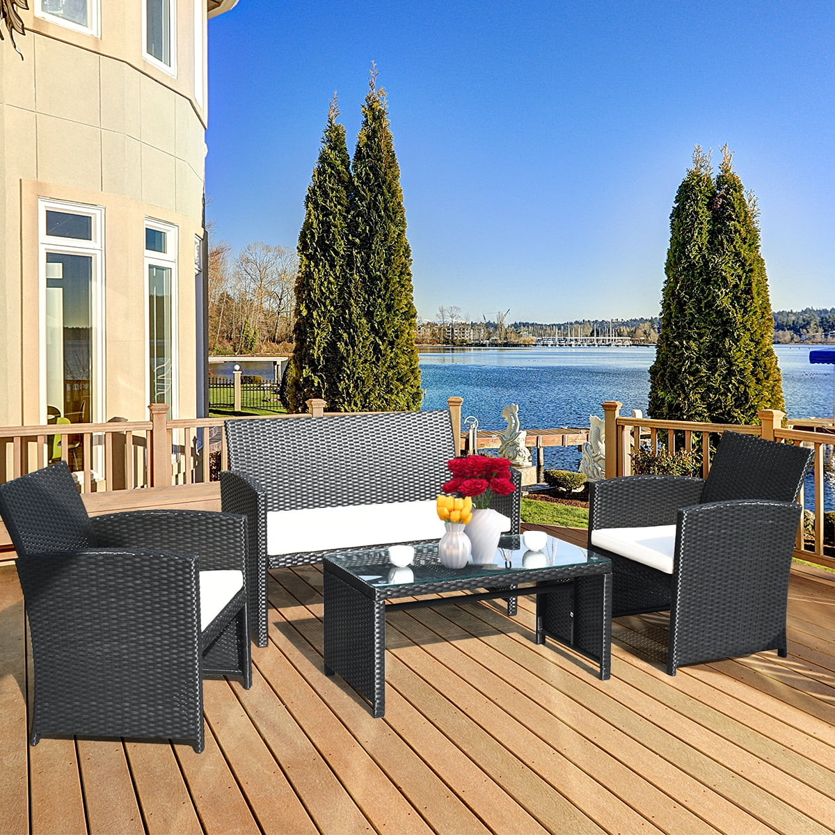 Gymax 4PCS Rattan Patio Conversation Set Outdoor w/Coffee Table Cushioned Sofa