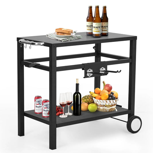 Outdoor Grill Cart Pizza Oven Stand, BBQ Prep Table with Wheels & Hooks, Side Handle, Double-Shelf Grilling Cart Tabletop Griddle Cooking Station for Bar, Patio, Camping, Home