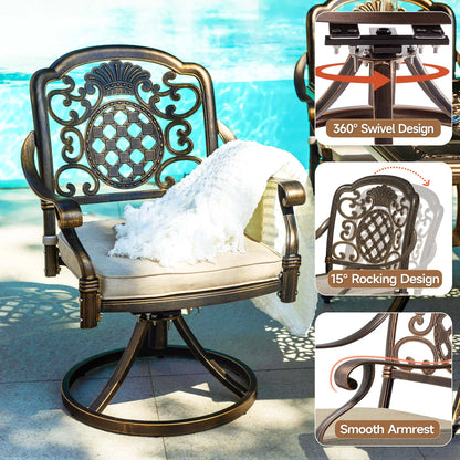 7-Piece Patio Furniture Dining Set, All-Weather Cast Aluminum Outdoor Table and Chairs for 6, Includes 4 Dining Chair & 2 Swivel Chairs & 60? Rectangular Table, Beige