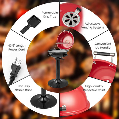 HAPPYGRILL 1600W Electric Grill Outdoor, Portable BBQ Grill with Warming Tray, Removable Non-Stick Grill Rack, Adjustable Temperature& Oil Drip Tray for Patio, Camping, Picnic,Red