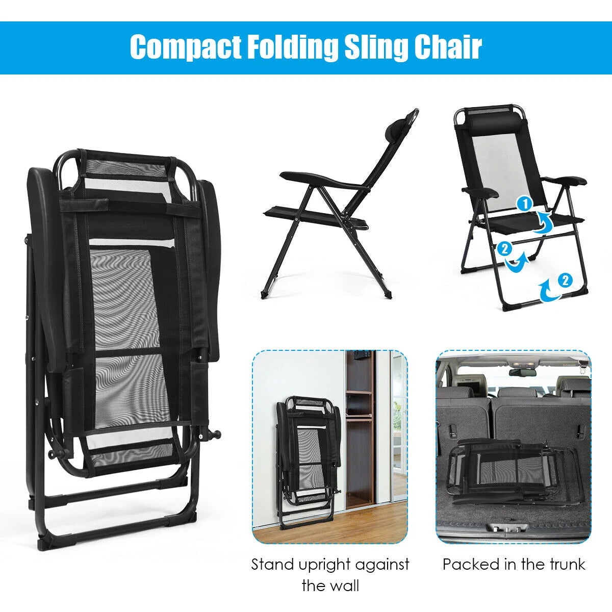 Gymax 2PC Folding Chairs Adjustable Reclining Chairs with Headrest Patio Garden Black