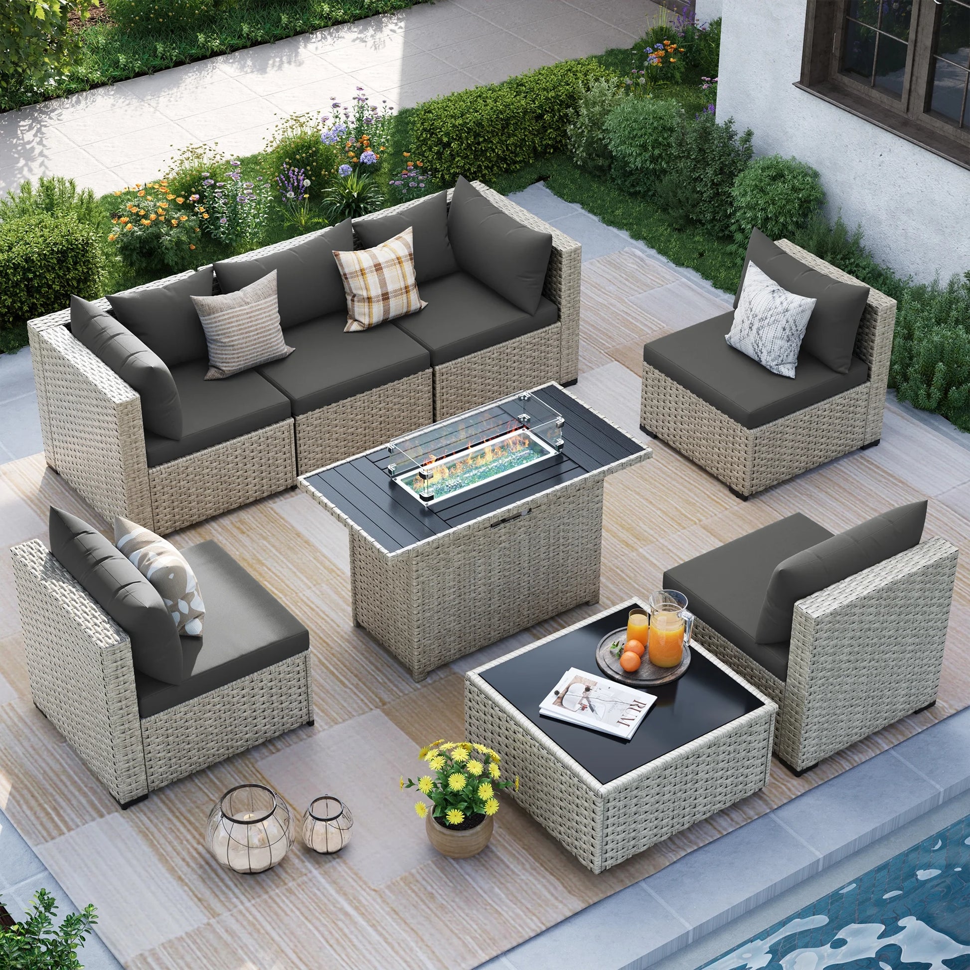 MRUAKA 8 Pieces Patio Furniture Set with Fire Pit Table, Outdoor Furniture Sectional Rattan Sofa with Slanted Back, Patio Couch with Glass Coffee Table for Backyard Garden (Dark Grey)