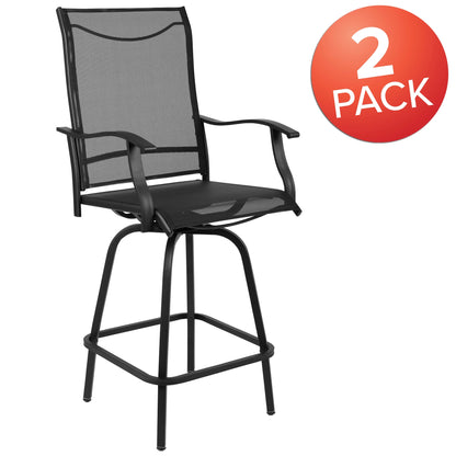 Flash Furniture Valerie Outdoor Sling Patio Barstools with Footrest and Arms, Set of 2, Black