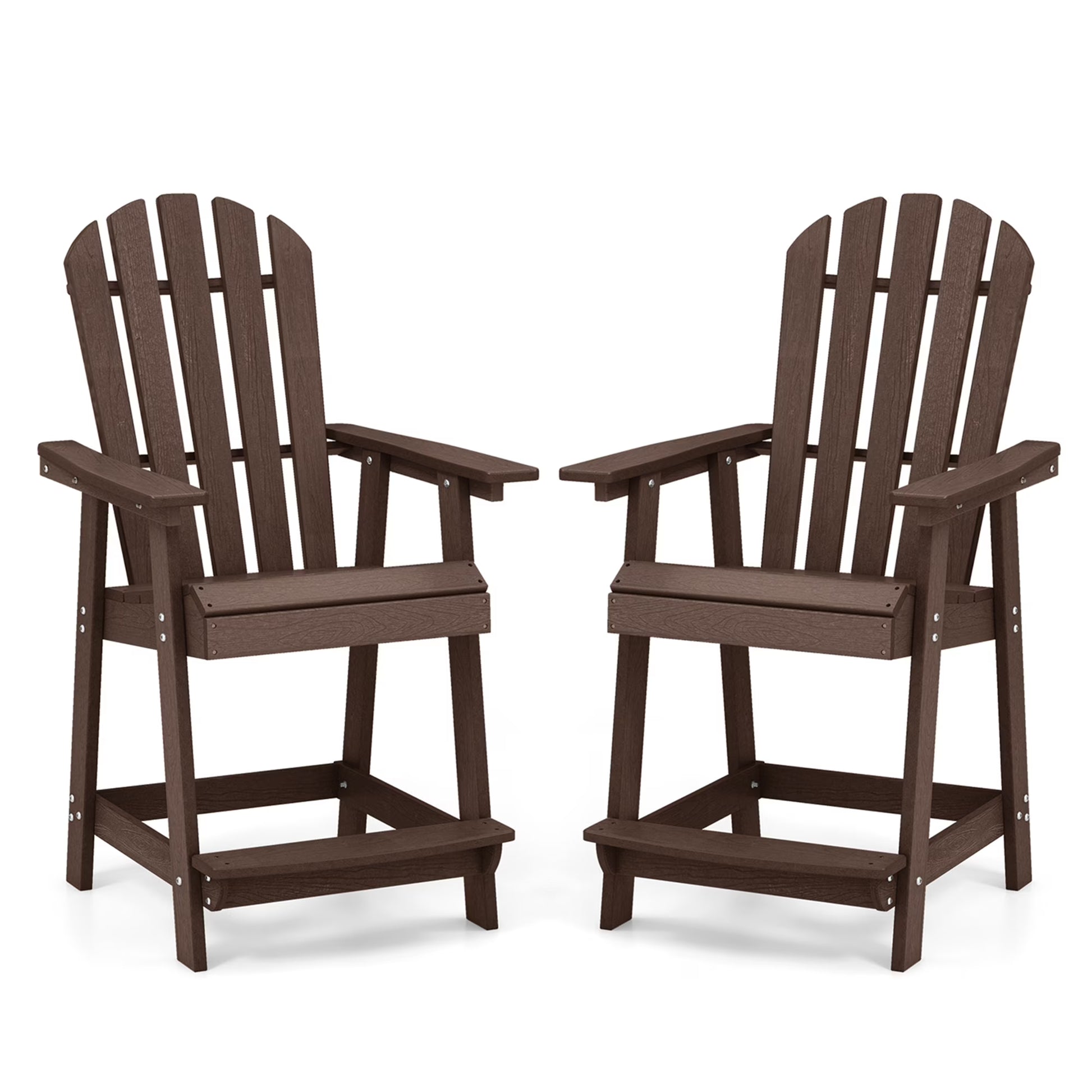 Costway 2 PCS Tall Bar Stool HDPE Patio Chair with Armrest Footrest Home Indoor Outdoor Brown