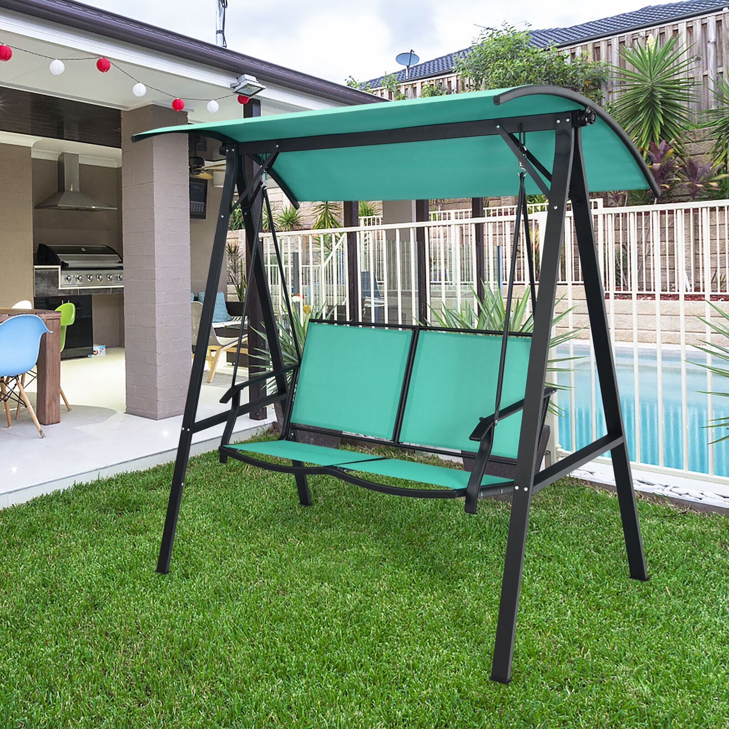 Gymax 2-Person Outdoor Patio Porch Swing Chair w/Adjustable Canopy Turquoise