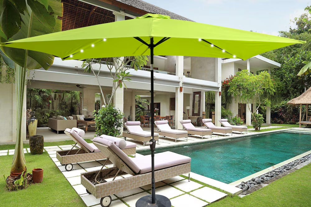 10 x 6.5t Patio Umbrella,Rectangular Picnic Table Umbrella,6-8 Chairs Tilt Umbrella with 26 LED Lights,Waterproof Umbrella Sunshade with Crank and Push Button Tilt for Garden Backyard Pool,LIGHT GREY
