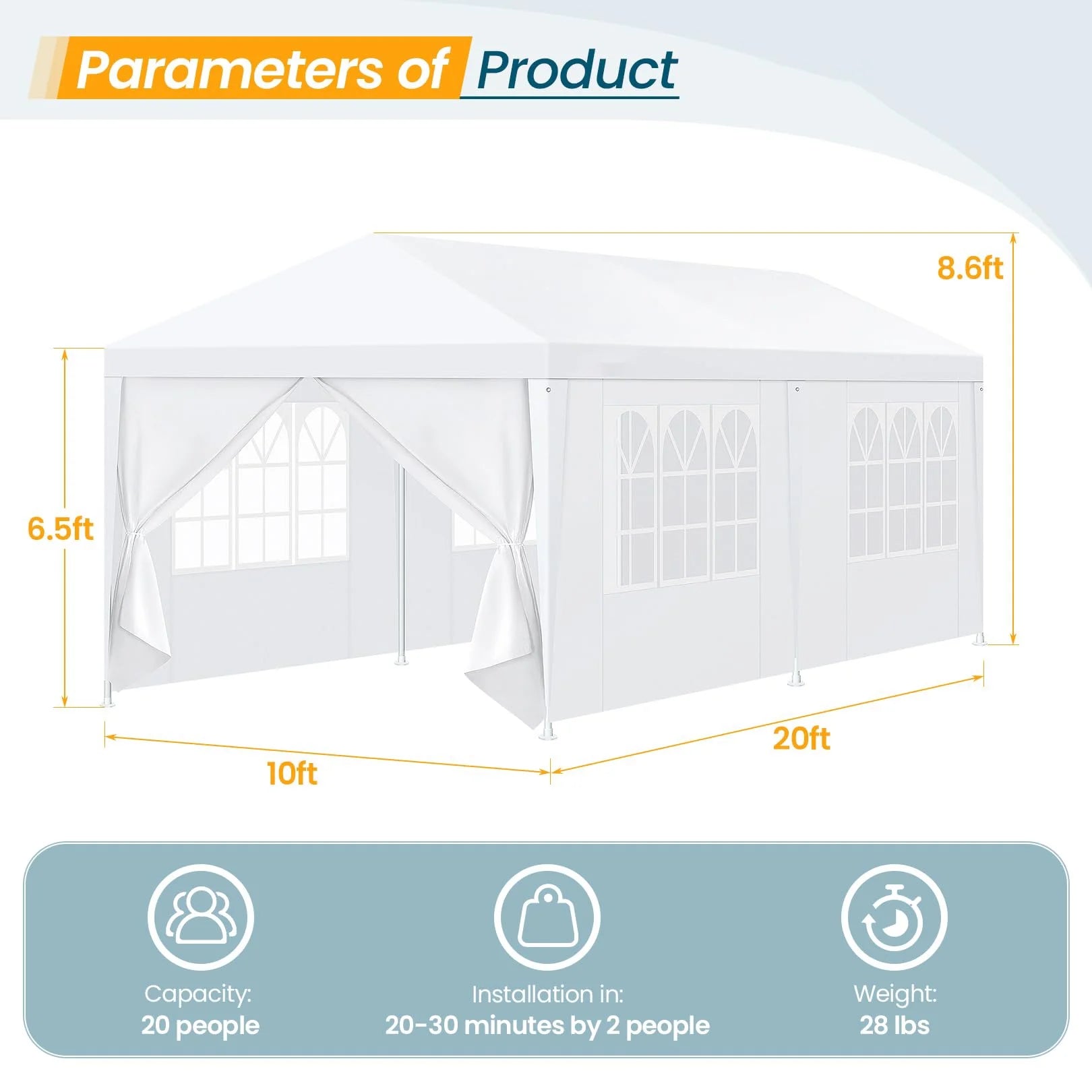 Hoteel Party Tent 10x20 Canopy Tents for Parties with 4 Removable Sidewalls, Patio Camping Gazebo, Portable Tent for Parties, Weddings, BBQ, Waterproof, White