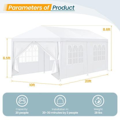 Hoteel Party Tent 10x20 Canopy Tents for Parties with 4 Removable Sidewalls, Patio Camping Gazebo, Portable Tent for Parties, Weddings, BBQ, Waterproof, White