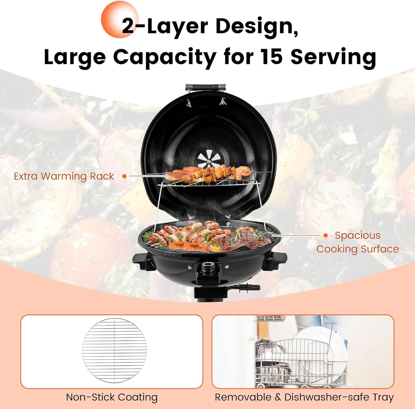 JWRWEF 1600W Electric Grill Outdoor, Portable BBQ Grill with Warming Tray, Removable Non-Stick Grill Rack, Adjustable Temperature& Oil Drip Tray for Patio, Camping, Picnic (Balck)