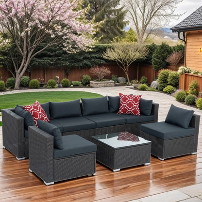 7 Pieces Outdoor Patio Furniture Set, Outdoor Sectional Rattan Sofa, PE Manual Weaving Wicker Patio Conversation Set with Cushion, Glass Table, Pillow, Dark Gray
