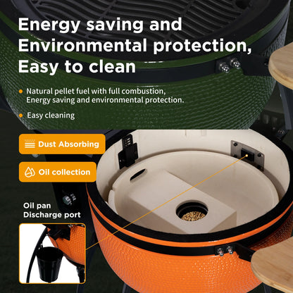 24 "Ceramic Pellet Grill with 19.6" diameter Gridiron Double Ceramic Liner 4-in-1 Smoked Roasted BBQ Pan-roasted for Outdoors Patio,Orange