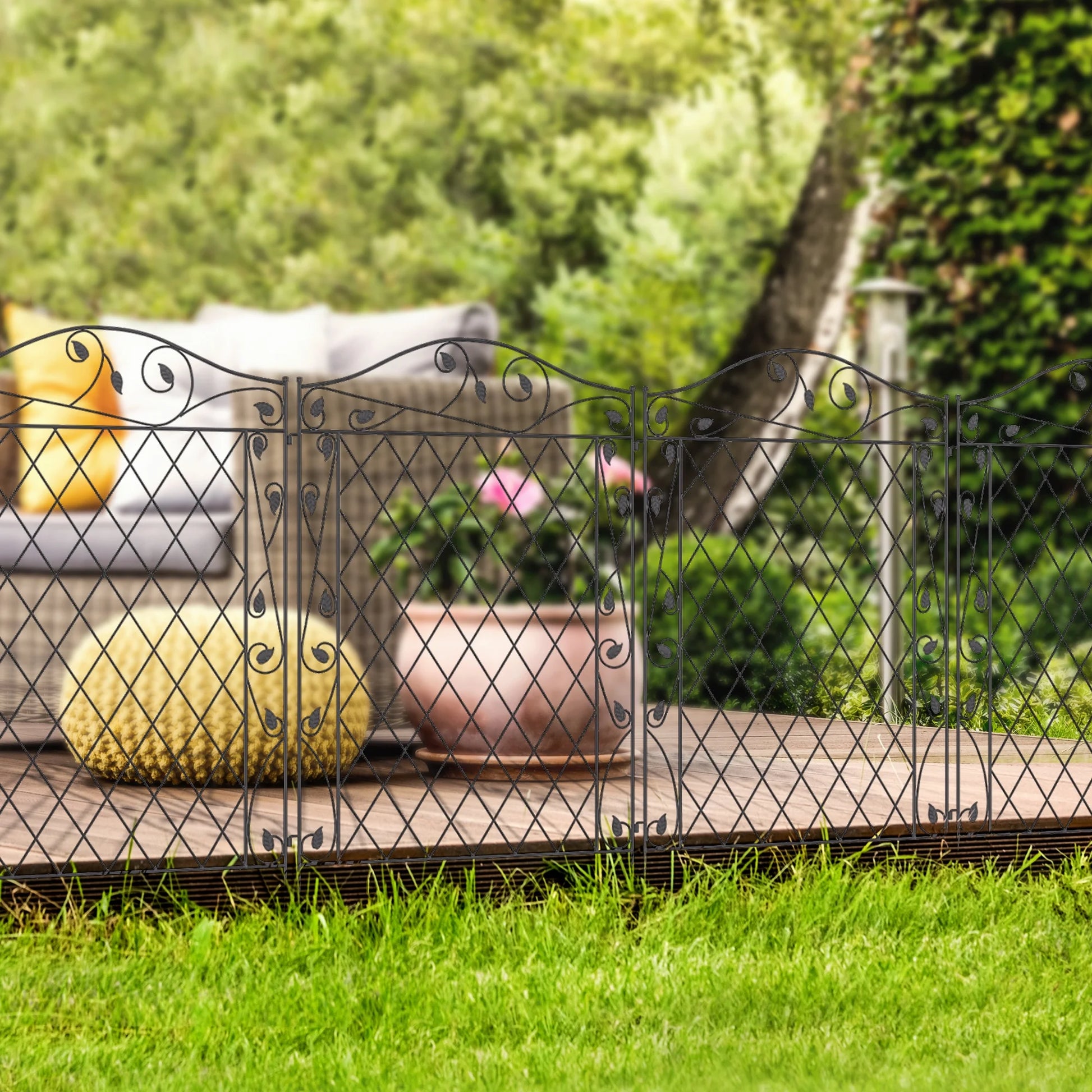 Outsunny Garden Fence,4 Pack Steel Fence Panels,11.5' L X 43" H,Rust-Resistant Animal Barrier Decorative Border Flower Edging for Yard,Landscape,Patio,Outdoor Decor,Wavey Vines,Black Steel Garden