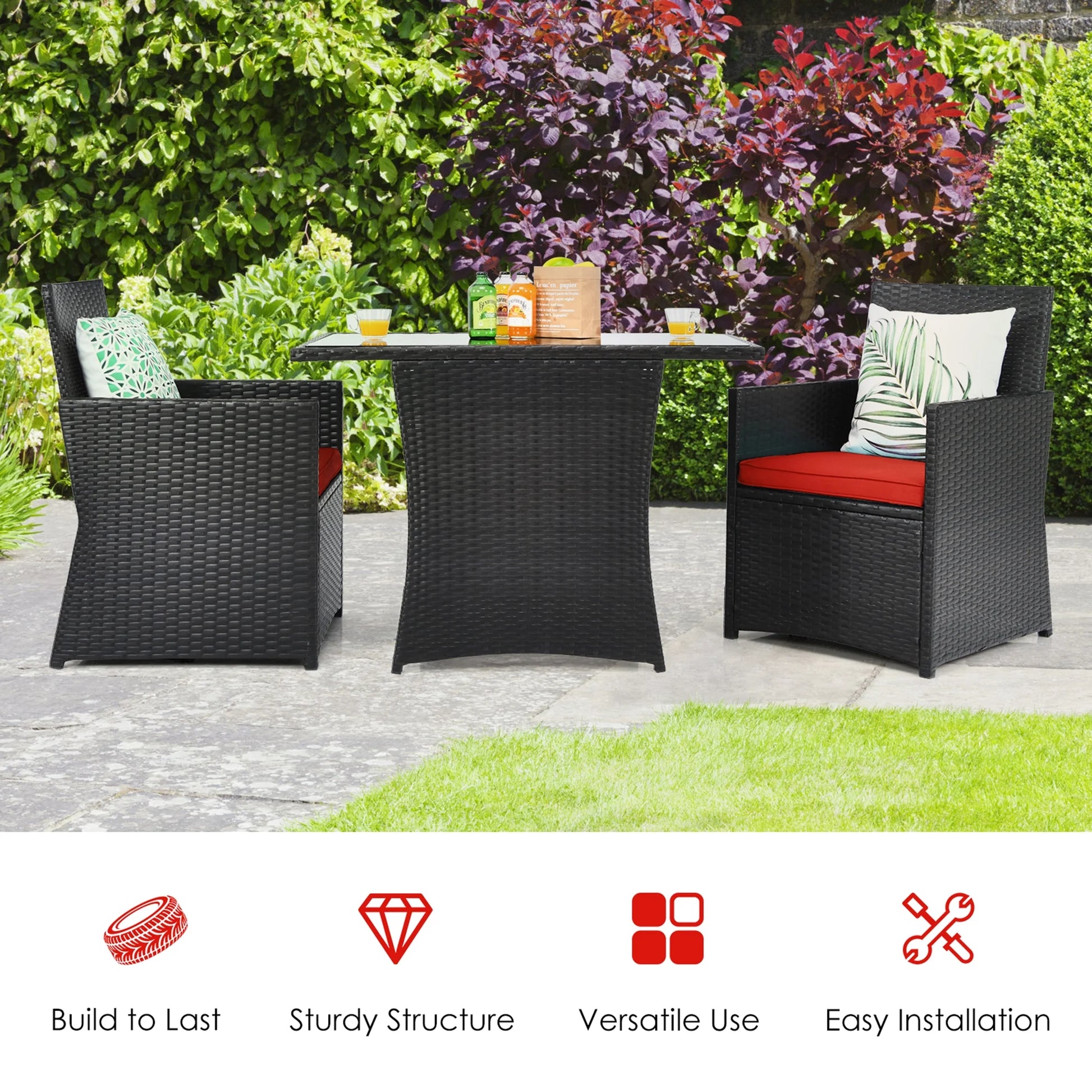 Gymax 3PCS Patio Wicker Bistro Set PE Rattan Dining Table Set w/Red Cushions