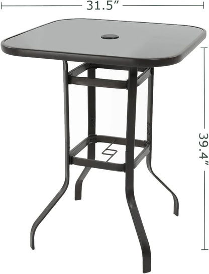 Poteban Patio Bar Height Table with Umbrella Hole, 2-Tier High Top Outdoor Bistro Table, Square Tempered Glass Metal Table for Patio, Lawn, Bar