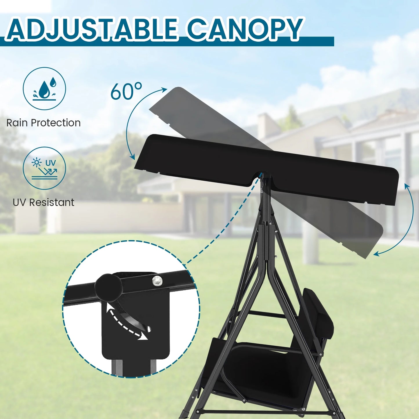 Melocadol 3 Seats Outdoor Porch Swing Glider, Patio Swing Chair with All Weather Covered Canopy and Rust Proof Heavy Duty Stand, for Garden, Lawn, or Backyard, Black