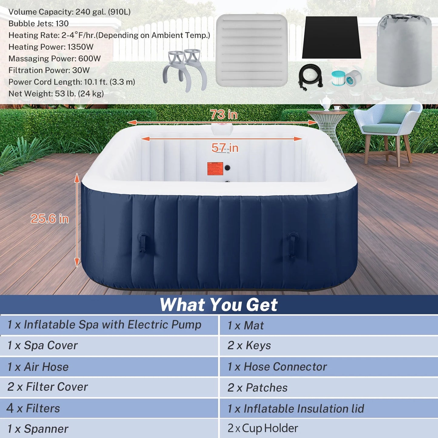 Hot Tub for 4-6 Person, Seizeen Outdoor Patio Large Inflatable Hot Tub Home SPA, with 130pcs Massage Jets, 910L, 4 Filters, 2 Cup Holders, Lockable Cover, Storage Bag, Max 104° F, 73in, Navy