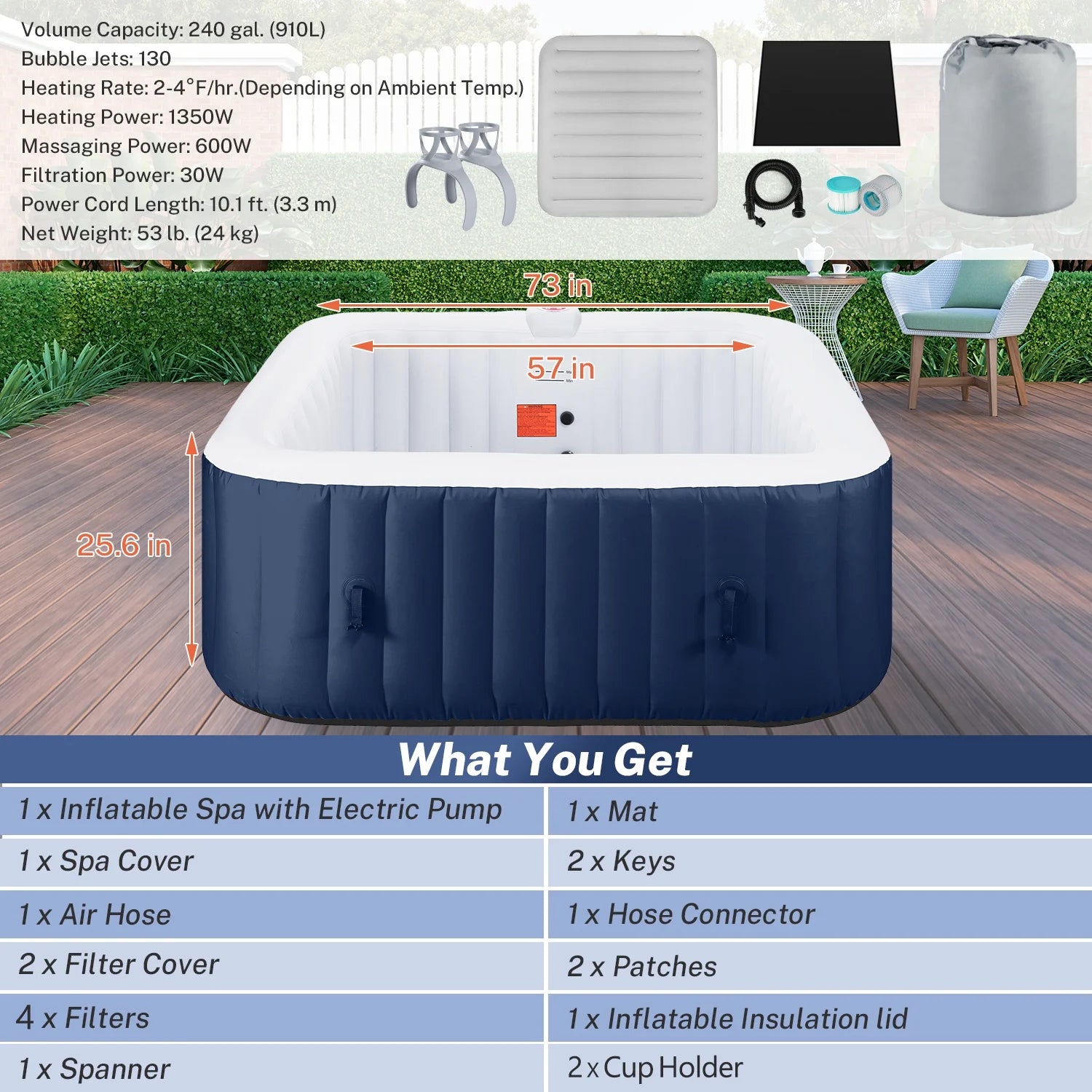 Hot Tub for 4-6 Person, Seizeen Outdoor Patio Large Inflatable Hot Tub Home SPA, with 130pcs Massage Jets, 910L, 4 Filters, 2 Cup Holders, Lockable Cover, Storage Bag, Max 104° F, 73in, Navy