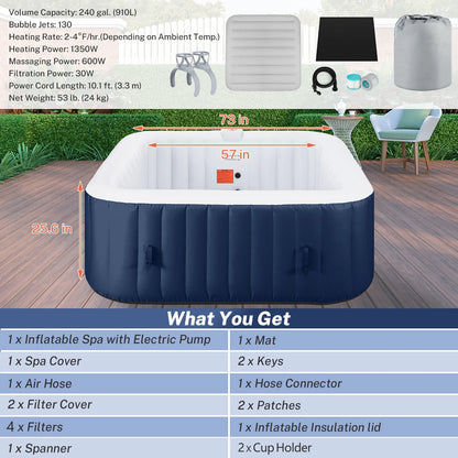 Hot Tub for 4-6 Person, Seizeen Outdoor Patio Large Inflatable Hot Tub Home SPA, with 130pcs Massage Jets, 910L, 4 Filters, 2 Cup Holders, Lockable Cover, Storage Bag, Max 104° F, 73in, Navy