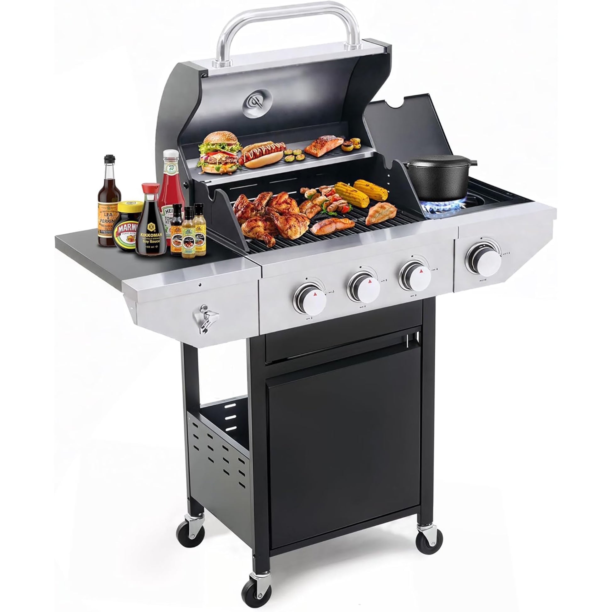 Furnibear 4 Burner BBQ Propane Gas Grill, Stainless Steel 34,000 BTU Patio Garden Barbecue Grill with Two Foldable Shelves