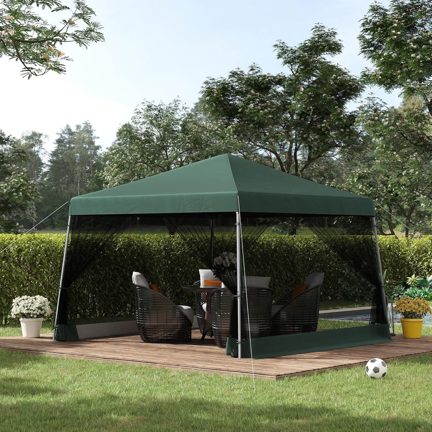 Slant Leg Pop Up Canopy Tent with Netting and Carry Bag, Instant Sun Shelter, Tents for Parties, Height Adjustable, for Outdoor, Garden, Patio, (11.5'x11.5' Base/10'x10' Top), Green