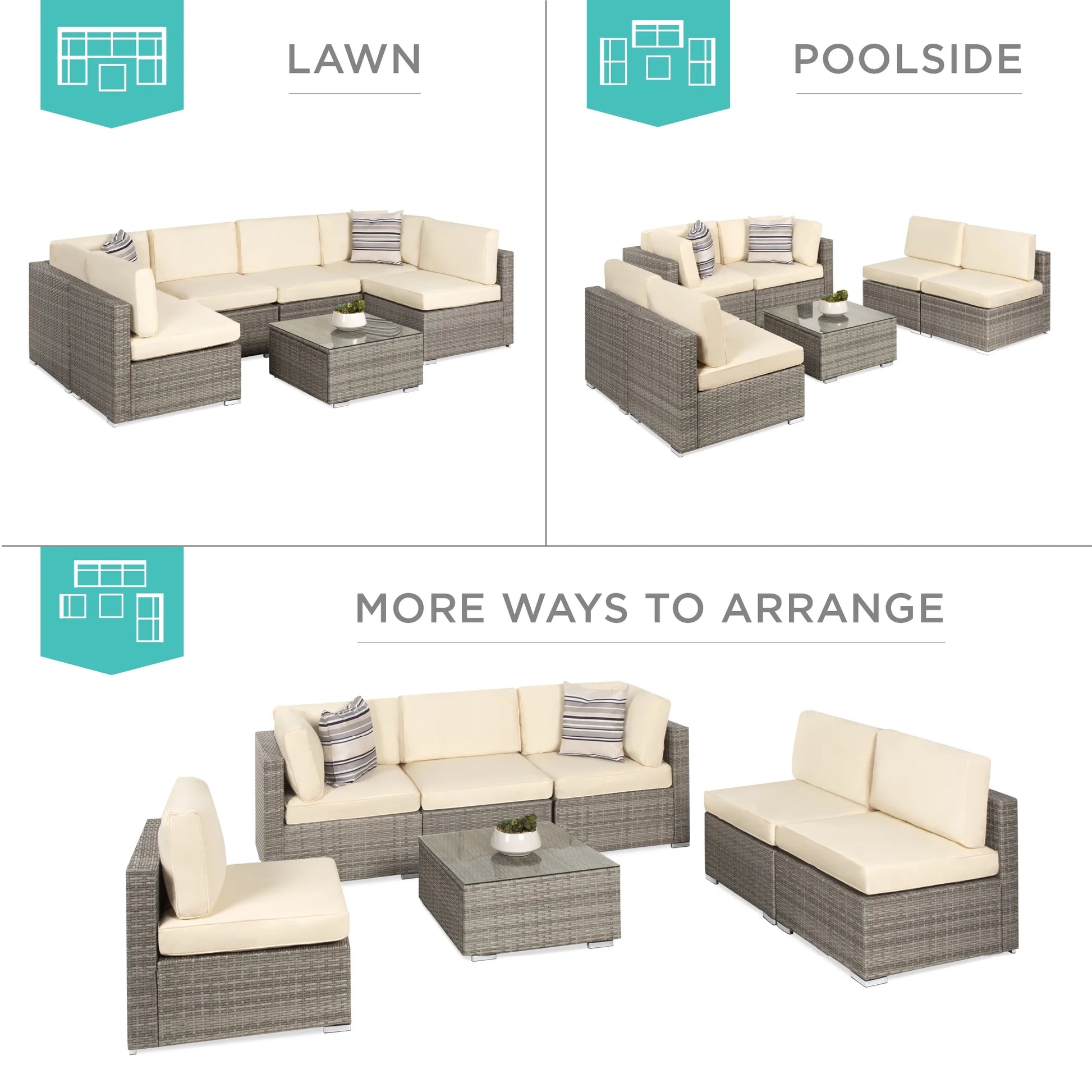 Best Choice Products 7-Piece Outdoor Modular Patio Conversation Furniture, Wicker Sectional Set - Gray/Cream
