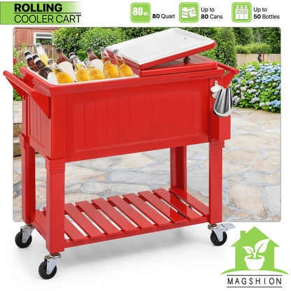 Magshion Rolling Patio Cooler Ice Chest with Wheels & Ice Scoop, Outdoor Cold Drink Beverage Bar Cart with Storage Shelf & Bottle Opener Deck Backyard Party Tub Trolley Cart, Red