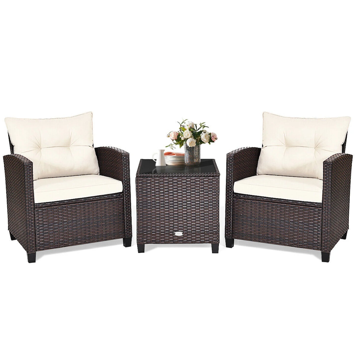 Gymax 3PCS Outdoor Patio Rattan Conversation Set Garden Yard w/Off White Cushions