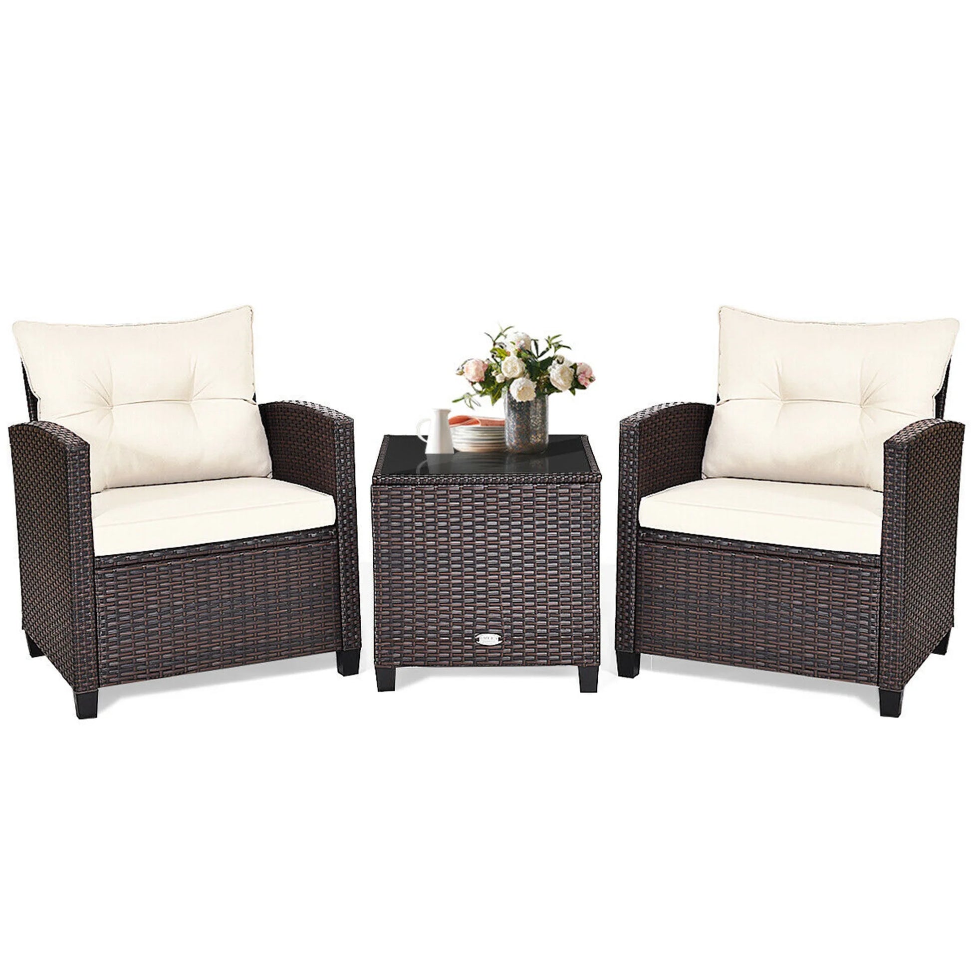 Gymax 3PCS Outdoor Patio Rattan Conversation Set Garden Yard w/Off White Cushions