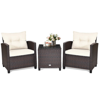 Gymax 3PCS Outdoor Patio Rattan Conversation Set Garden Yard w/Off White Cushions
