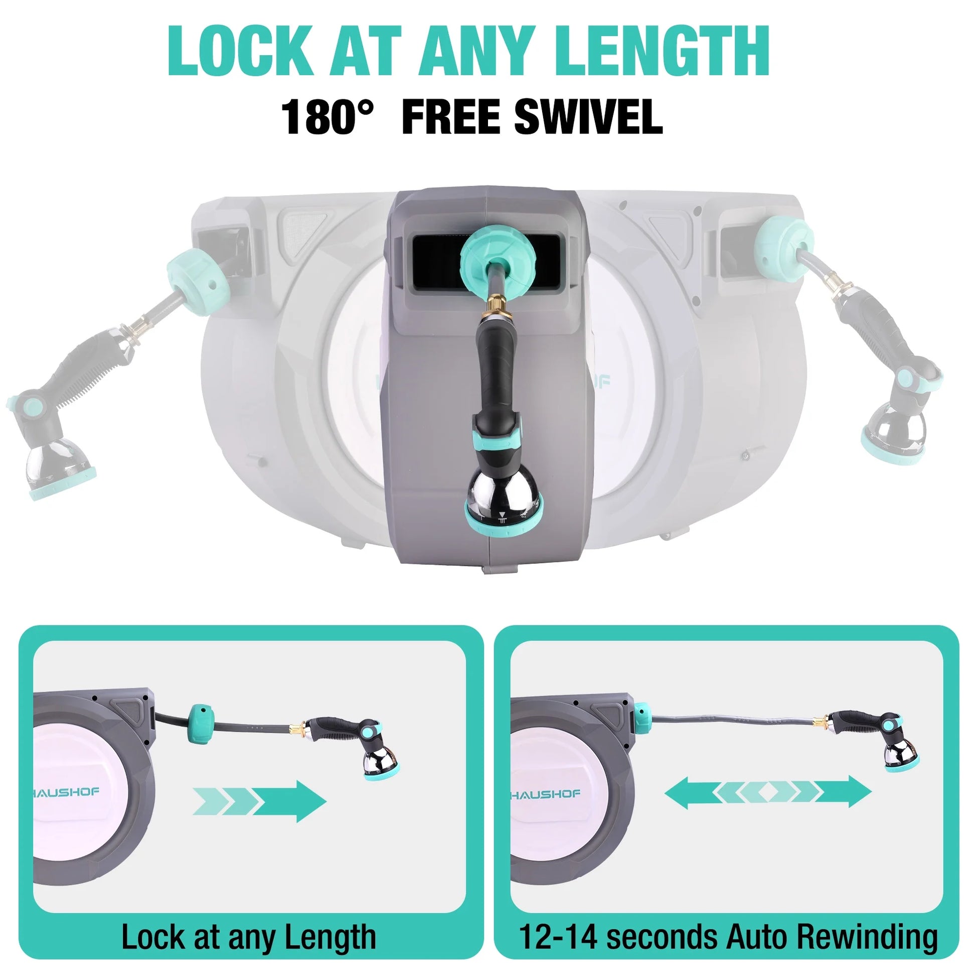 HAUSHOF 1/2" x 100 ft Retractable Garden Hose Reel with Automatic Rewind, 10-Pattern Spray Nozzle, Durable High-Pressure Hose, and 180° Swivel Bracket - Perfect for Watering Gardens, Cleaning Patios
