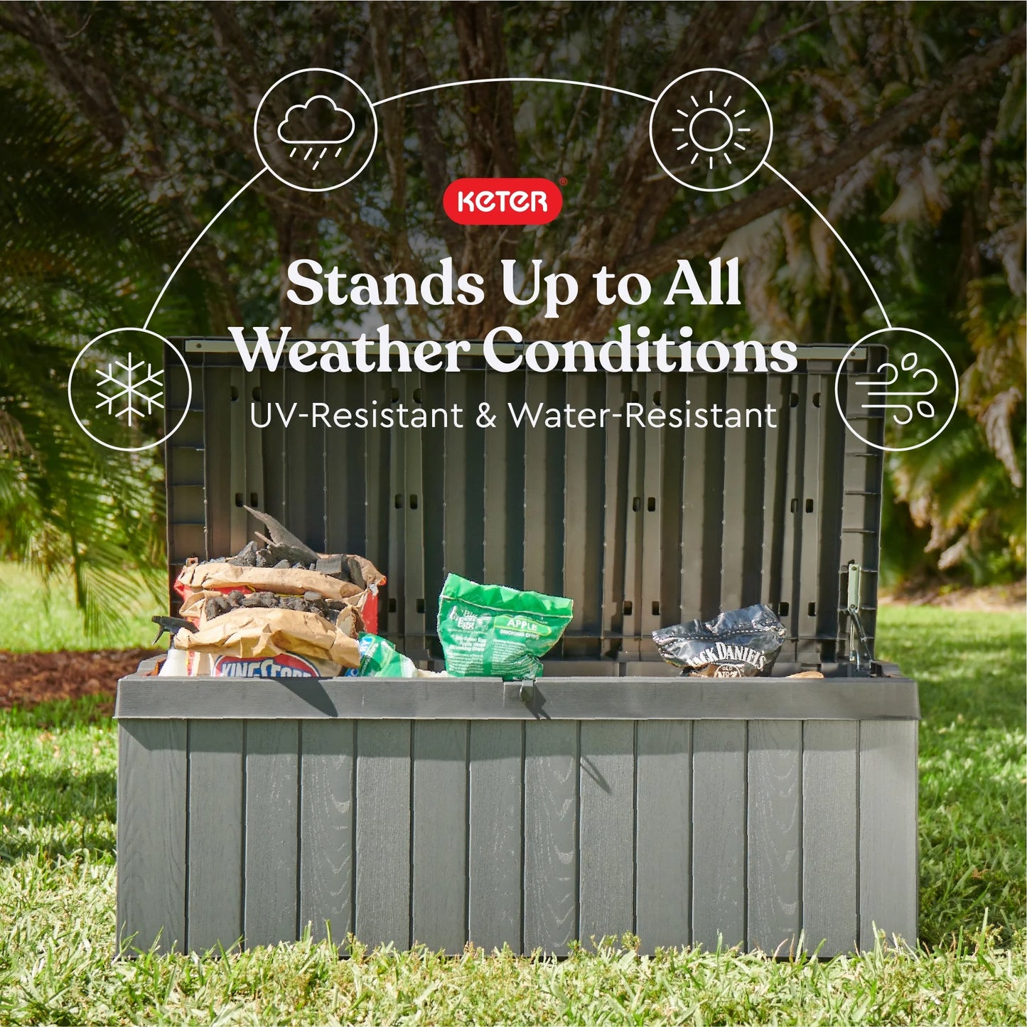 Keter Darwin 100 Gallon Large Resin Deck Box for Patio Outdoor Storage, Grey