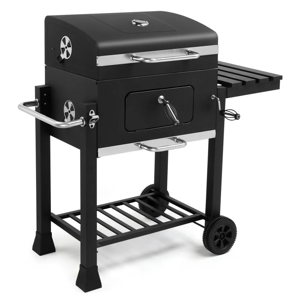 IVV Outdoor Charcoal Grill with Foldable Side Table, Moveable BBQ Grill w/Built-in Thermometer, Removeable Ash Rray Perfect for Picnics Patio Garden and Backyard Grilling, Black