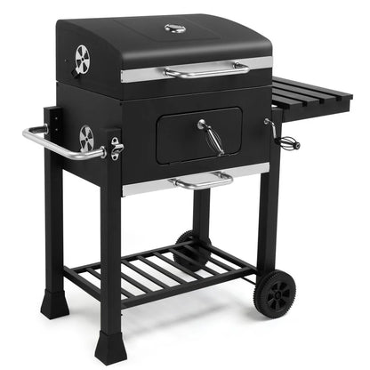 IVV Outdoor Charcoal Grill with Foldable Side Table, Moveable BBQ Grill w/Built-in Thermometer, Removeable Ash Rray Perfect for Picnics Patio Garden and Backyard Grilling, Black