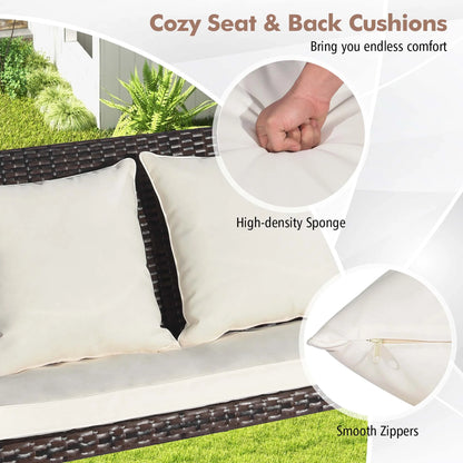 Costway Patio Rattan Porch Swing 2-Person Hanging Chair Cushioned Loveseat for Backyard