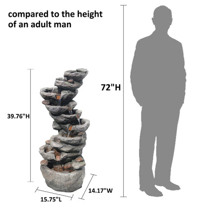 10-Tier Cascading Rock Water Fountain Outdoor Garden Waterfall Fountains Patio Backyard Deck Porch Pond Art Decor for Outside 39.76" H Outdoor Feature with LED Lights