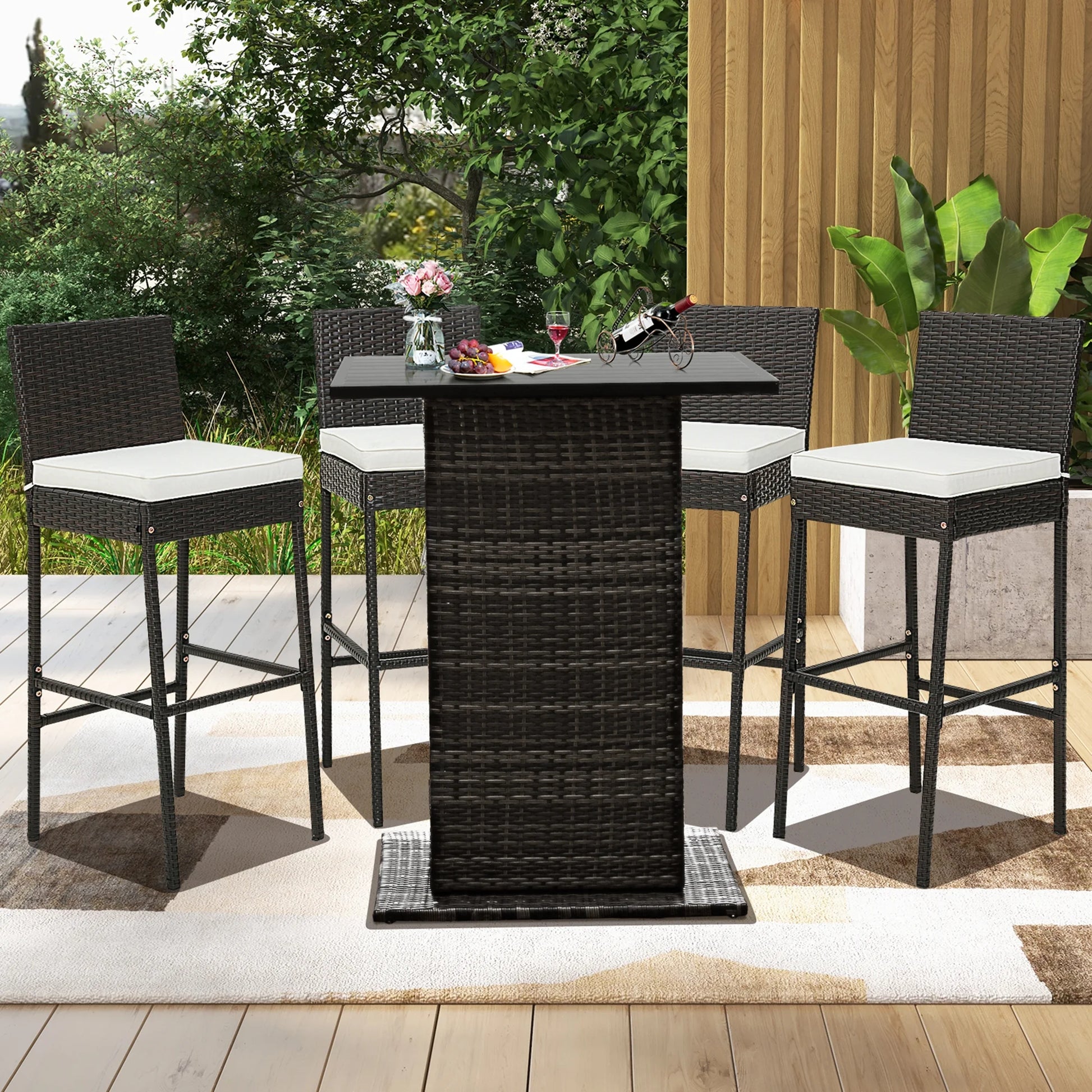 Costway 4 PCS Patio Wicker Barstools Bar Height Chairs with Cushions Backyard Off White
