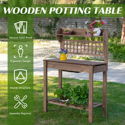Outsunny Outdoor Potting Bench Table, Wooden Workstation with Sliding Tabletop, Storage Shelf and Dry Sink, for Greenhouse, Garden, Patio, Brown