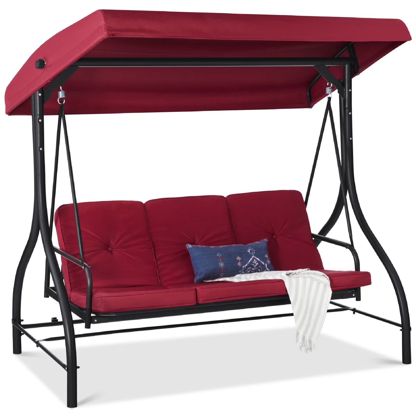 Best Choice Products 3-Seat Outdoor Converting Canopy Swing Glider Patio Hammock w/Removable Cushions - Burgundy