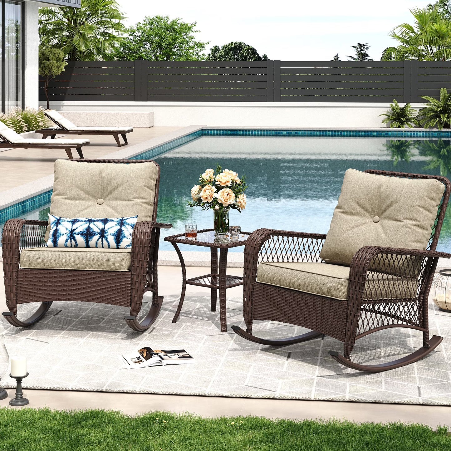 MRUAKA Outdoor Rocking Chairs Set of 3, Wicker Patio Furniture with Thickened Cushions and Table for Porch350lbs Weight Capacity(Gray)